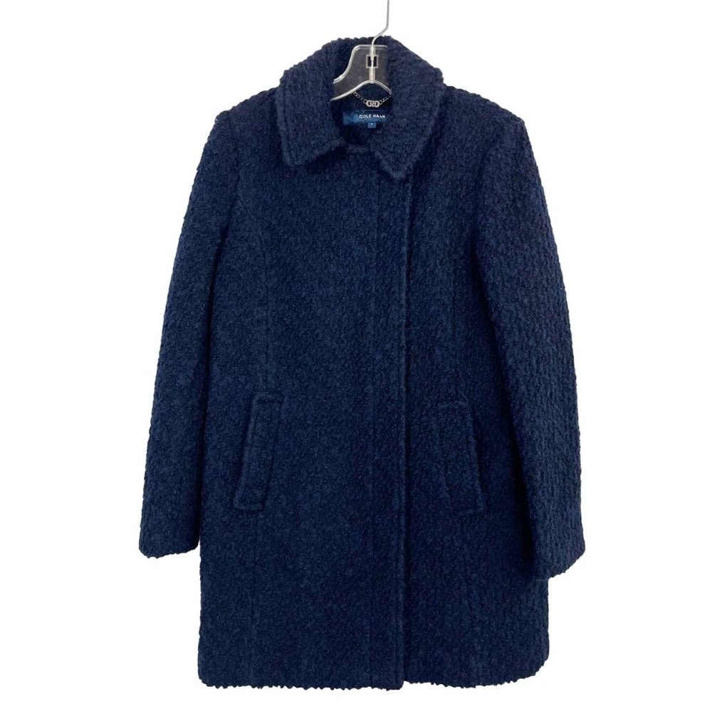Cole Haan‎ Navy Blue & Black Wool Blend Coat Pockets Zipper Snap Button - Size 2